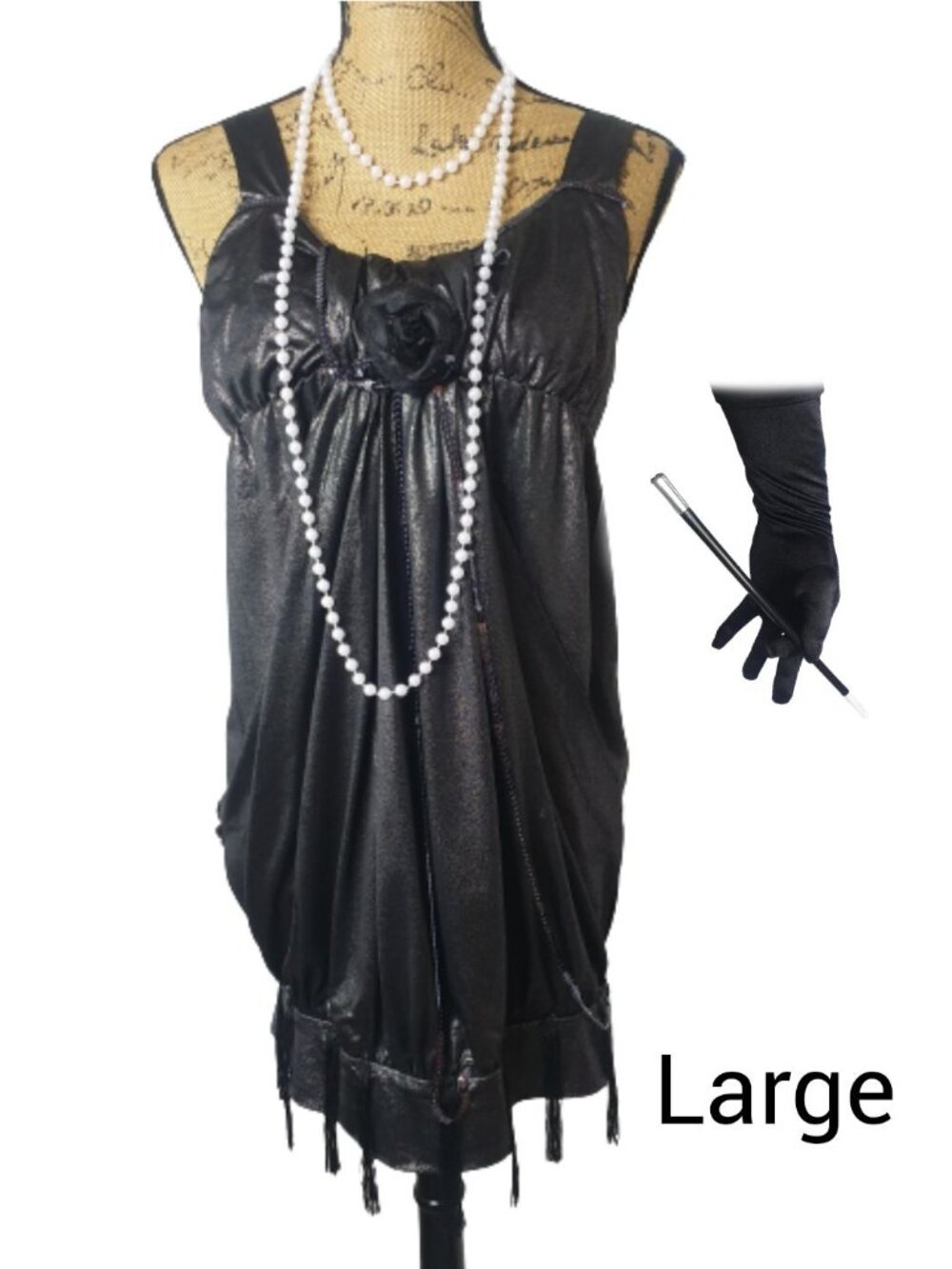 Womens L Flapper Costume Black Complete Gloves Necklace Gatsby 1920s Charleston